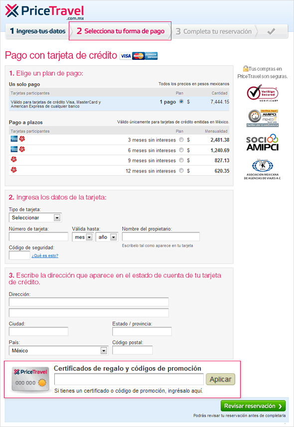 Paso 2 del proceso de compra: forma de pago